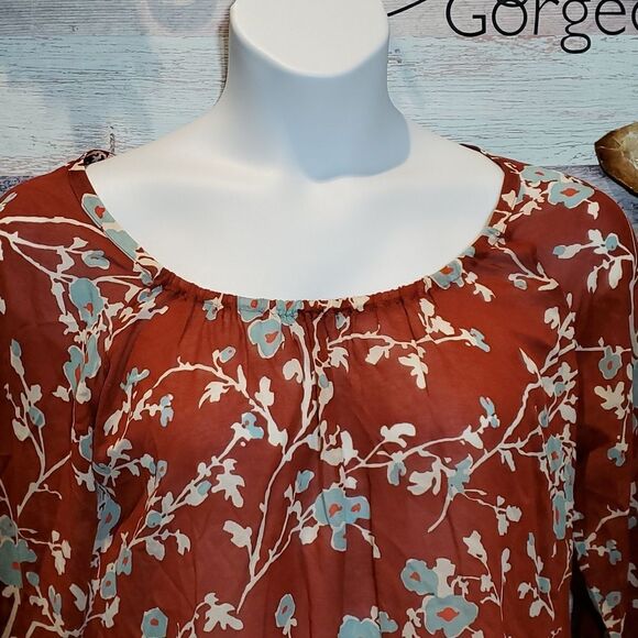 Tommy Bahama Sz M Rust Blue Floral Sheer Scoop Neck Popover Cupro Blouse 824 - Picture 4 of 8